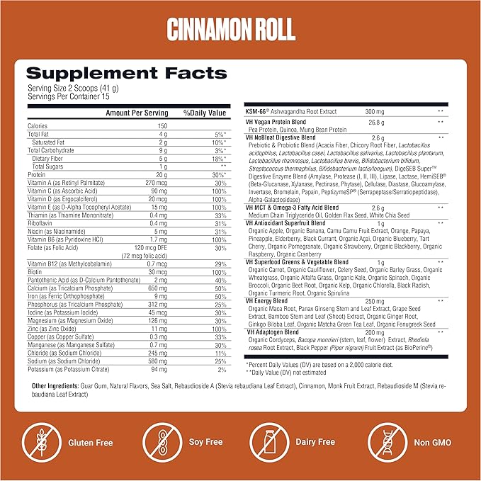 VitaHustle ONE Vegan Cinnamon Roll Protein Powder - 20g Plant Protein Meal Replacement with 86+ Superfoods & Greens, Probiotics + No Bloat Digestive Blend - Dairy Free, Gluten Free (15 Servings)