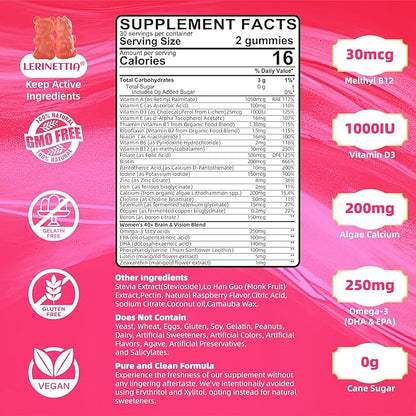 Multivitamin for Women Gummies for 40+ with Omega-3, Niacinamide, B-Complex, Lutein, Iron, Choline, Phosphatidylserine, Vitamin D3 - Vegan, Sugar Free, 60Count