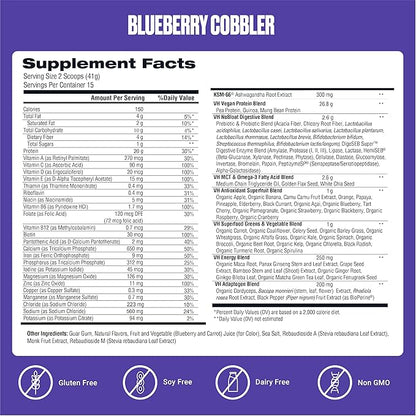 VitaHustle ONE Vegan Blueberry Cobbler Protein Powder - 20g Plant Protein Meal Replacement with 86+ Superfoods & Greens, Probiotics + No Bloat Digestive Blend - Dairy Free, Gluten Free (15 Servings)