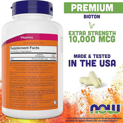 NOW Foods Extra Strength Biotin 10,000mcg / 10 mg - 200 Count - Hair, Skin, Nail - Supplement for Men and Women - B7 Vitamin - Vegetarian, Vegan, Non-GMO