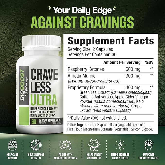Crave Less Ultra - Supports GLP-1 Pathway Function - Weight Loss Pills/Appetite Suppressnt + Fat Burner for Women & Men | Increase Energy - 3rd Party Tested Formula - 60 Capsules for Adults