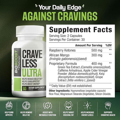 Crave Less Ultra - Supports GLP-1 Pathway Function - Weight Loss Pills/Appetite Suppressnt + Fat Burner for Women & Men | Increase Energy - 3rd Party Tested Formula - 60 Capsules for Adults
