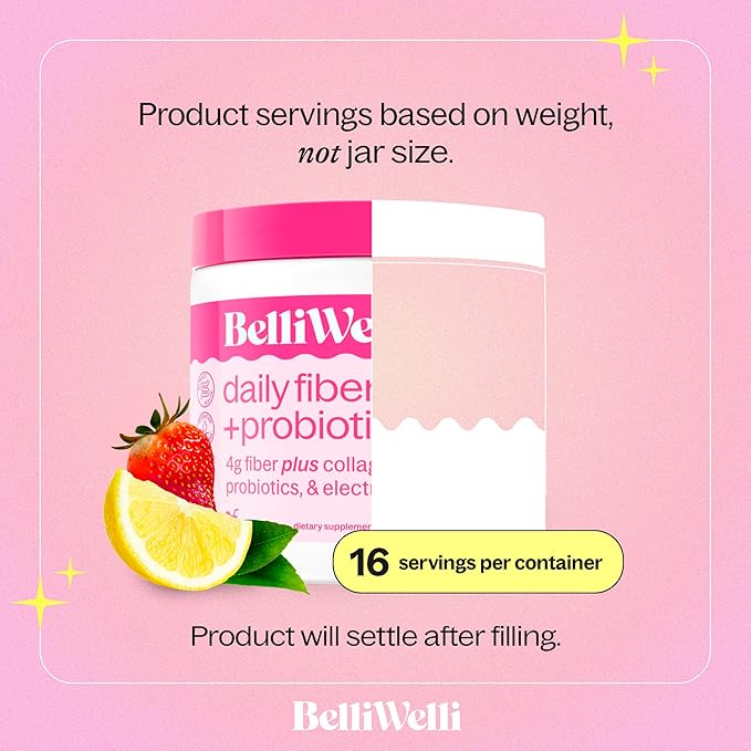 BelliWelli Fiber Supplement for Women & Men Premium Daily Fiber Powder from Organic Acacia with Added Collagen Electrolytes & Probiotics No Bloat Constipation & Gut Health Support(Strawberry Lemonade)