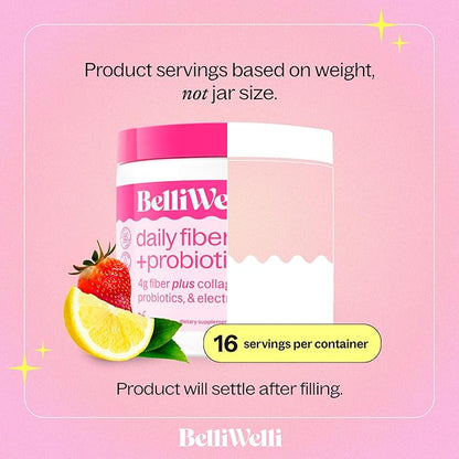 BelliWelli Fiber Supplement for Women & Men Premium Daily Fiber Powder from Organic Acacia with Added Collagen Electrolytes & Probiotics No Bloat Constipation & Gut Health Support(Strawberry Lemonade)
