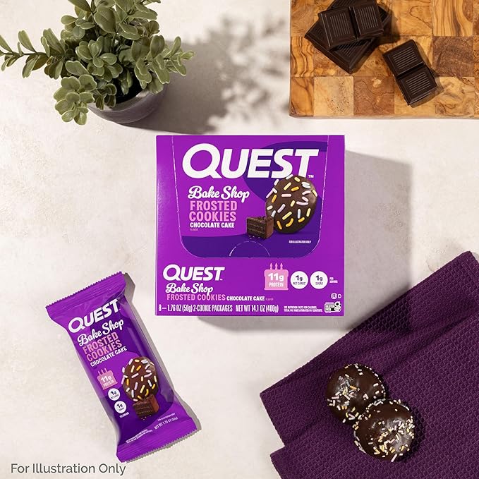 Quest Nutrition Frosted Cookies Twin Pack, Chocolate Cake, 1g Sugar, 11g Protein, 1g Net Carbs, Gluten Free, 16 Cookies, (Pack of 2)