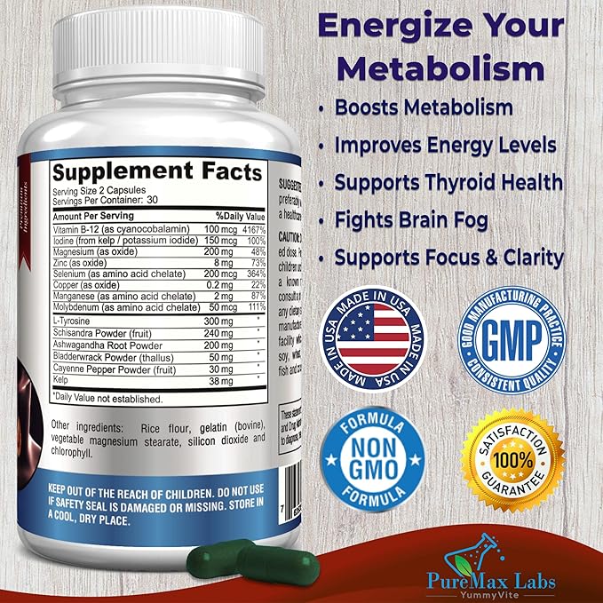 Thyroid Support with Iodine - Metabolism Booster, Energy Booster, Increase Focus - Premium Non-GMO Thyroid Supplement 60 Capsules