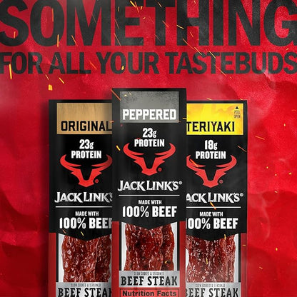 Jack Link's Peppered Beef Steaks - Ready to Eat Real Meat Protein Snacks - 23g Protein per Serving - Made with 100% Real Beef - (12 Pack) 2 oz Meat Snacks