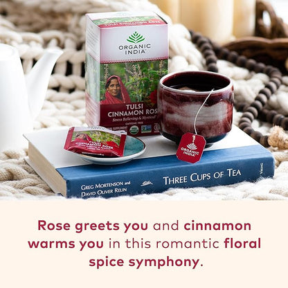 ORGANIC INDIA Tulsi Cinnamon Rose Tea Bags - Tulsi Rose, Cinnamon with Holy Basil, Chamomile, Stevia, USDA Certified Organic Caffeine Free Herbal Tea - 18 Infusion Bags, 2 Pack