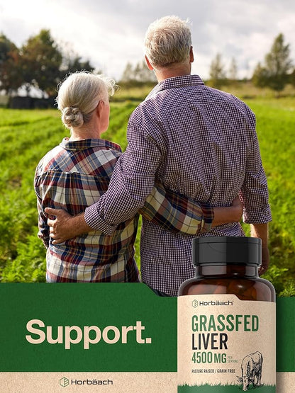Horbäach Grass Fed Beef Liver | 4500mg | 60 Capsules | Desiccated, Pasture Raised, Grain Free, Non-GMO Supplement