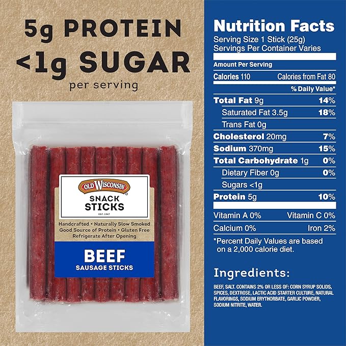 Old Wisconsin Beef Sausage Snack Sticks, Naturally Smoked, Ready to Eat, High Protein, Low Carb, Keto, Gluten Free, 26 Ounce Resealable Package (Pack of 2)