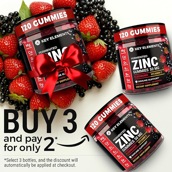 Immune Support Zinc Gummies 50mg with Elderberry Vitamin C and Zinc Supplements - Natural Antioxidant with Copper Vitamin D3 K2 Magnesium - Rich Berry Taste, Sugar-Free, 120 Gummies