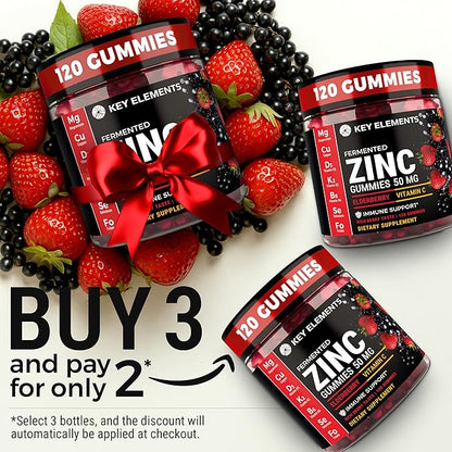 Immune Support Zinc Gummies 50mg with Elderberry Vitamin C and Zinc Supplements - Natural Antioxidant with Copper Vitamin D3 K2 Magnesium - Rich Berry Taste, Sugar-Free, 120 Gummies