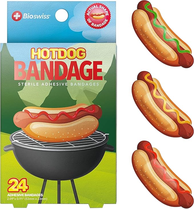 BioSwiss Bandages, Hot Dog Shaped Self Adhesive Bandage Set, Latex Free, Sterile Wound Care, 24 Count