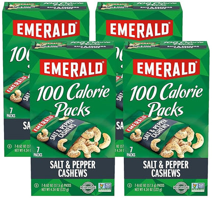 Emerald Nuts, Salt & Pepper Cashews, 100 Calorie Packs, 7 Count, 4.34 Oz (Pack of 4)