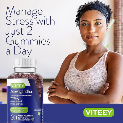 Viteey Ashwagandha Gummies with Ginseng & Lemon Balm - Mood, Calm & Stress Support Ashwagandha Supplements - Vegan, Gluten-Free - 60 Count