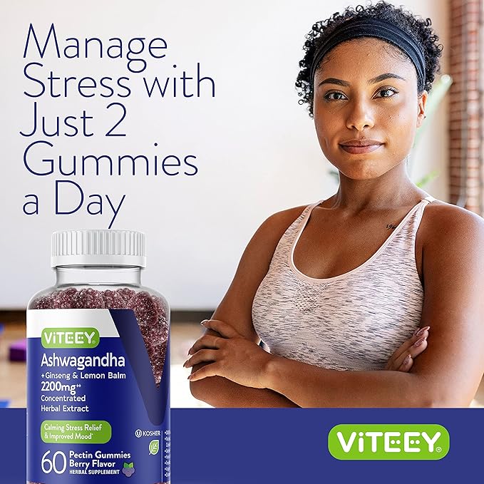 Viteey Ashwagandha Gummies with Ginseng & Lemon Balm - Mood, Calm & Stress Support Ashwagandha Supplements - Vegan, Gluten-Free - 120 Count