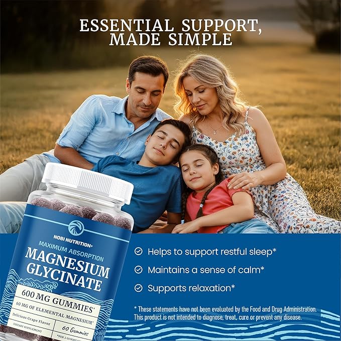 Magnesium Glycinate Gummies 600MG | Sleep, Calm & Relaxation Support | 60MG Elemental Mag Per Serving | Grape Flavor, Gluten-Free | High Absorption Magnesium Gummies for Women, Men & Family | 60 Ct