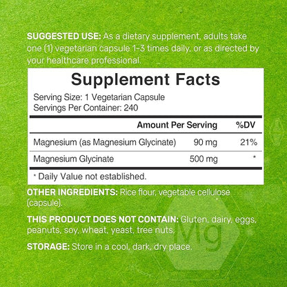 Deal Supplement Magnesium Glycinate 500mg, 480 Veggie Capsules | 100% Chelated for Easy Absorption | Essential Mineral Supplement | Non-GMO, Gluten-Free