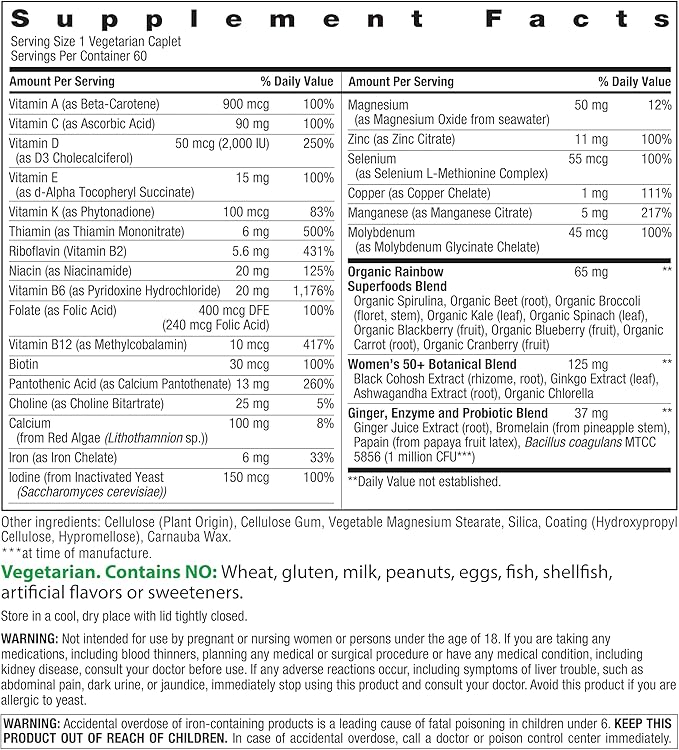 Rainbow Light Womens One + Multivitamin 50 Plus | 60 Caplets | Supports Menopause | Real Food Nutrients, Digestive Enzymes & Probiotics