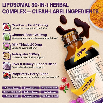 30-in-1 Kidney and Liver Cleanse Detox & Repair Drops with Cranberry Extract, Milk Thistle & Chanca Piedra, Vegan Kidney Support Supplement for Urinary Tract & Liver Support | Blueberry Flavor, 1P