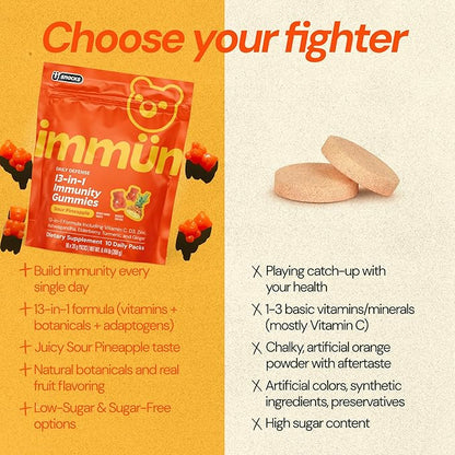 Grüns Immun Immunity Gummies with Vitamin C, Zinc, MCT Oil, & Turmeric - Daily Immune Support Supplement for Adults - Sour Pineapple Flavor (10 Count)