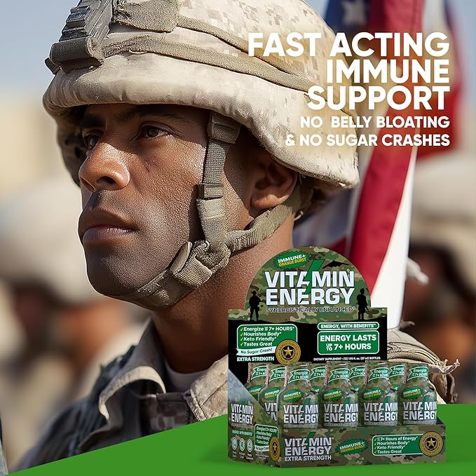 Vitamin Energy Immune+ Extra Strength Energy Shot Army Orange 10 Pack, 260mg Natural Caffeine, B-Vitamins, Citicoline, Green Tea, Immunity & Focus Support, Zero Sugar, Gluten-Free 1.93 fl oz