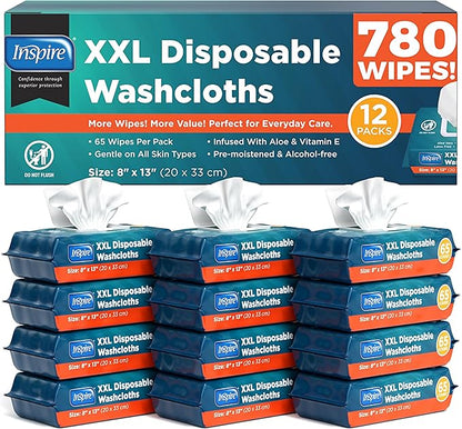 Inspire Adult Wet Wipes, Wash Cloths for Incontinence & Cleansing for Elderly, 8"x13" (780 Count)