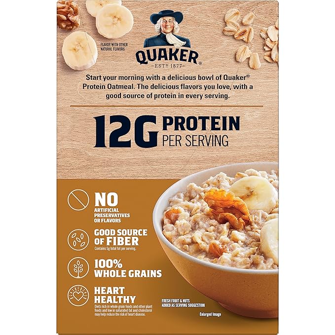 Quaker, Protein Instant Oatmeal, Banana Nut, 12.9 Oz, 6 Count (Pack of 12)