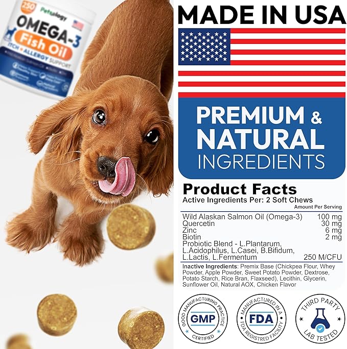 Omega 3 for Dogs - 250 Fish Oil Chews for Dog Shedding, Allergy & Itch Relief, Hot Spot Treatment - Advanced Skin & Coat Supplement - Joint Health - EPA & DHA Fatty Acids - Salmon Oil & Probiotics