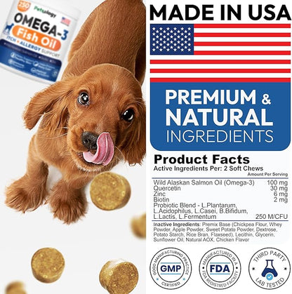 Omega 3 for Dogs - 250 Fish Oil Chews for Dog Shedding, Allergy & Itch Relief, Hot Spot Treatment - Advanced Skin & Coat Supplement - Joint Health - EPA & DHA Fatty Acids - Salmon Oil & Probiotics