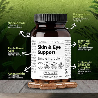 Santa Cruz Paleo Skin & Eye Capsules, Simple Daily Formula for Skin Appearance & Eye Routine, Clean Ingredients, Gluten Free, Keto & Paleo Friendly, 60 Capsules