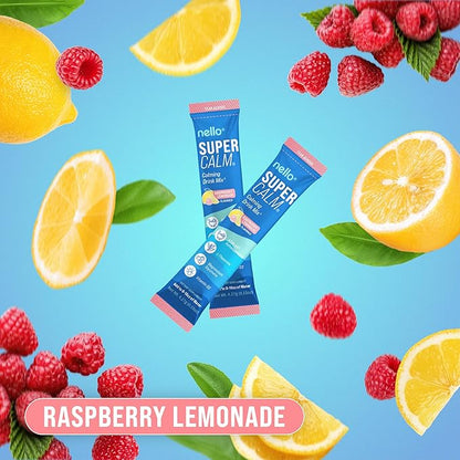 Nello Supercalm Powdered Drink Mix, Cortisol Reducer and Sleep Aid Supplement, L Theanine, Ksm-66 Ashwagandha, Magnesium Glycinate, Vitamin D 3, No Sugar, Non GMO, On The Go, 20 Ct, Raspberry Lemonade