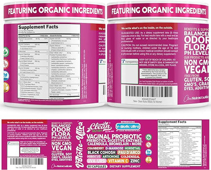 Clean Nutra Vaginal Probiotics for Women + Prebiotics Digestive Enzymes Bromelain Cranberry D Mannose Horsetail Black Cohosh Artichoke Hibiscus Flowers Probiotic for Digestive Health 90 Vegan Capsules