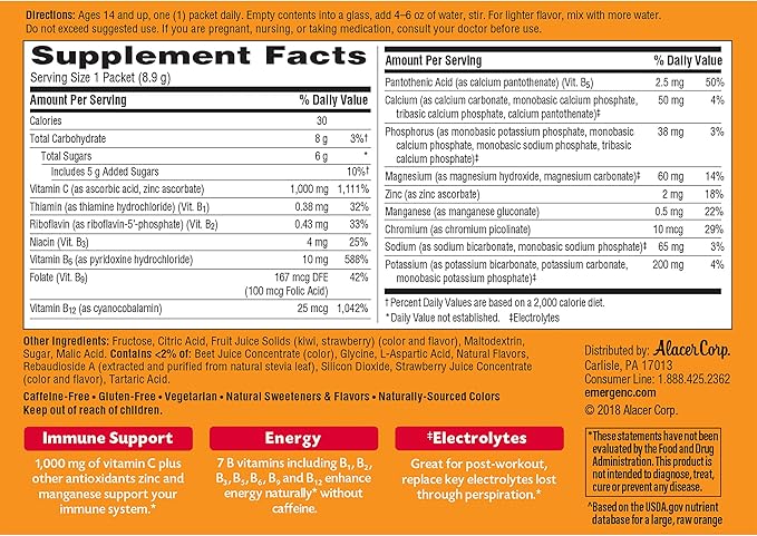 Emergen-C 1000mg Vitamin C Immune Support Powder Strawberry Kiwi 30CT includes Zinc, Manganese, 7 B Vitamins and Electrolytes for Back to School Essentials