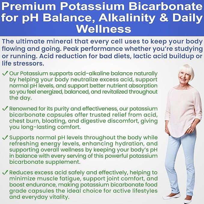 Pure Potassium Bicarbonate Supplement Capsules pH Balance Pills, High Potassium Electrolytes 1200mg Serv. USA Made Bicarbonate Food Grade, Acid-Alkaline Balance Immunity Endurance 120 caps