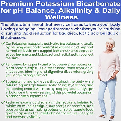 Pure Potassium Bicarbonate Supplement Capsules pH Balance Pills, High Potassium Electrolytes 1200mg Serv. USA Made Bicarbonate Food Grade, Acid-Alkaline Balance Immunity Endurance 120 caps