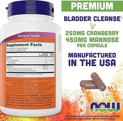 NOW Foods Mannose Cranberry, 120 Veg Capsules - with PAC - 450mg dMannose, 250mg Whole Cranberry - Bladder Cleanse and Urinary Tract Health* - Vegan Friendly Supplement, Non-GMO