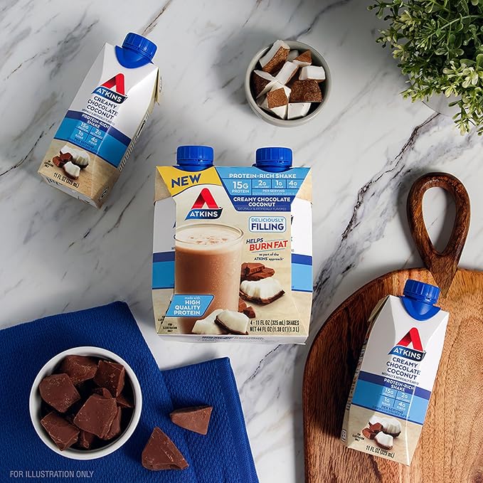 Atkins Creamy Chocolate Coconut Protein Shake, 15g Protein, 2g Net Carbs, 1g Sugar, Keto Friendly, 12 Count