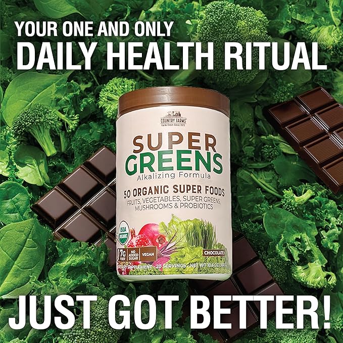 Country Farms Organic Super Greens Chocolate Flavor, 50 Organic Super Foods, USDA Organic Drink Mix, Packed with Fiber, Fruits, Vegetables, Mushrooms & Probiotics, Supports Energy, 7g Fiber