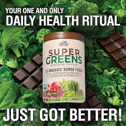 Country Farms Organic Super Greens Chocolate Flavor, 50 Organic Super Foods, USDA Organic Drink Mix, Packed with Fiber, Fruits, Vegetables, Mushrooms & Probiotics, Supports Energy, 7g Fiber