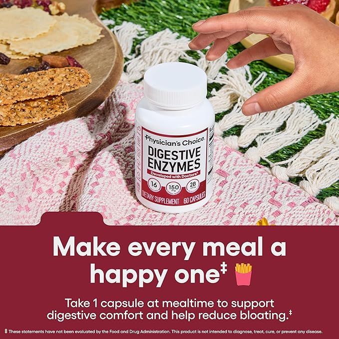 Physician's CHOICE Digestive Enzymes for Bloating & Digestion - 16 Enzymes with Organic Prebiotics & Probiotics for Gut & Digestive Health - Meal Time Discomfort Relief - Dual Action Support - 180 CT