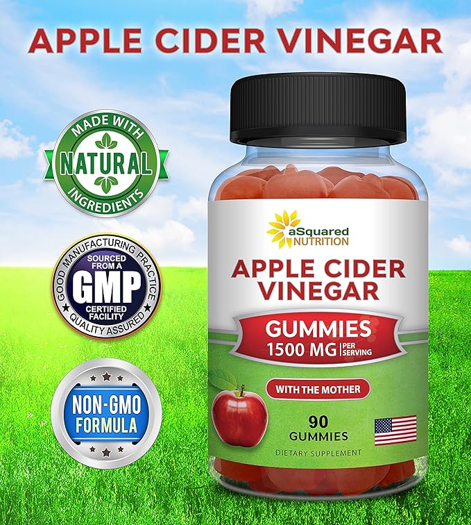 aSquared Nutrition Apple Cider Vinegar Gummies - 1500mg Per Serving - with The Mother - 90 ACV Gummies w/Vitamin B6 & B12, Folic Acid - Vegan Gummy Supplement Alternative to Capsules Pills (Pack of 2)