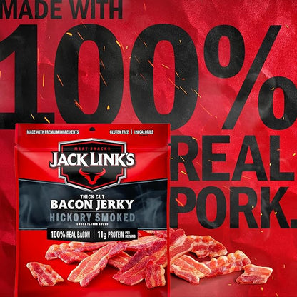 Jack Link's Bacon Jerky, Hickory Smoked - Flavorful Ready to Eat Meat Snack with 11g of Protein per Serving, Made with 100% Thick Cut Real Bacon, Protein Snack, Keto Friendly, 2.5 oz.
