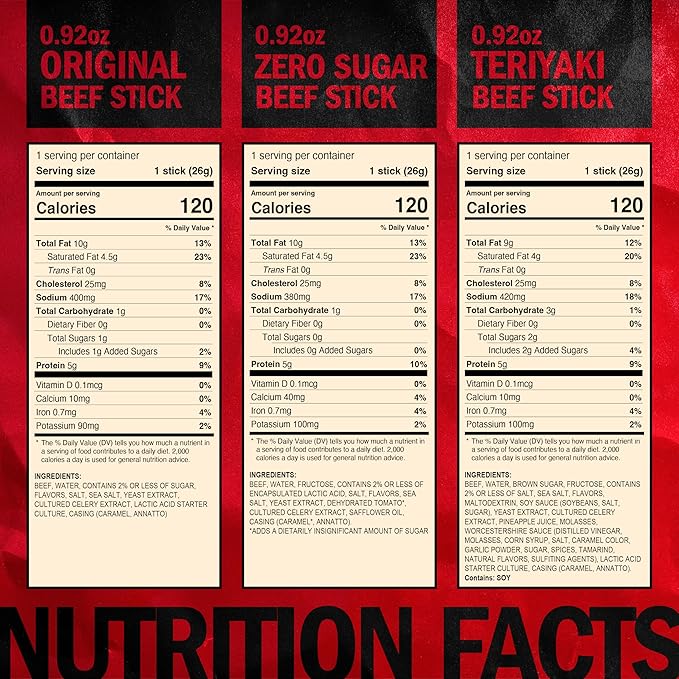 Jack Link's Beef Jerky Sticks Variety Pack - Original, Teriyaki & Zero Sugar - Made with 100% Real Beef - Ready to Eat Real Meat Protein Snacks - 5g Protein per Serving - (20 Pack) 0.92 oz Meat Sticks