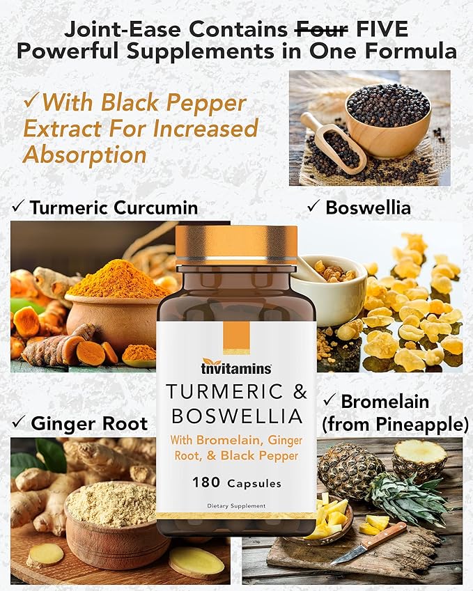 tnvitamins Turmeric & Boswellia Complex (180 Capsules) with Ginger Root, Bromelain, & Black Pepper Extract | Joint-Ease Formula: Powerful Joint Support Supplement* | Produced in The USA