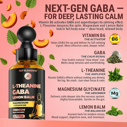 L Theanine and GABA Supplements | GABA Calming with Lemon Balm Extract, L-Theanine and Magnesium with B6 | Liquid GABA L Theanine Supplements | Stress Relief & Relaxation GABA Drops