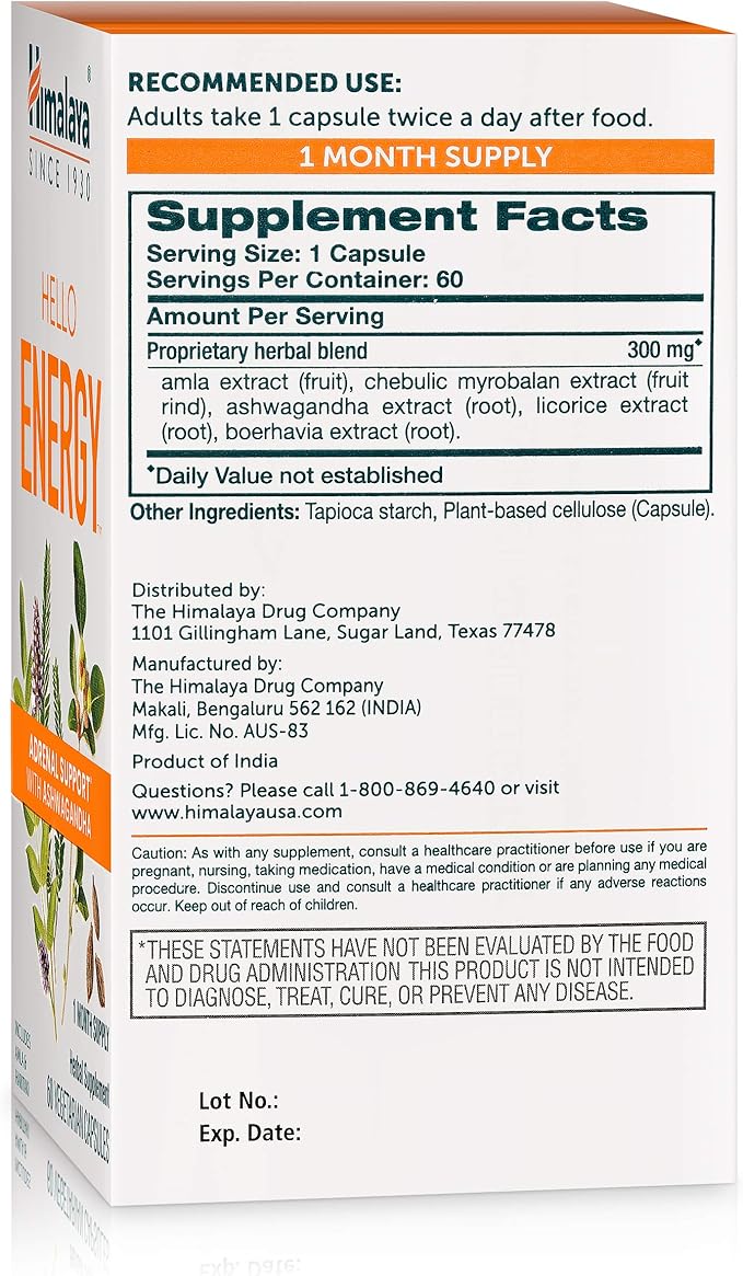 Himalaya Hello Energy Herbal Supplement with Ashwagandha, Amla, Haritaki, Daily Energy Support, Positivity, Metabolism, Caffeine Free, Gluten Free, Non-GMO, Vegan, 60 Capsules, 30 Day Supply