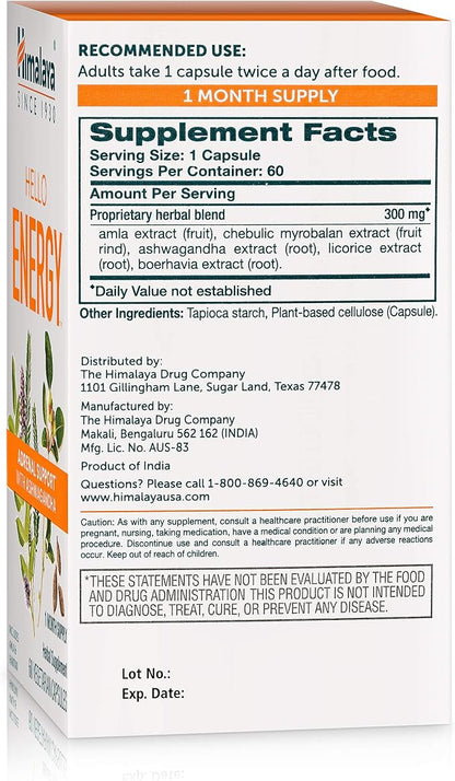 Himalaya Hello Energy Herbal Supplement with Ashwagandha, Amla, Haritaki, Daily Energy Support, Positivity, Metabolism, Caffeine Free, Gluten Free, Non-GMO, Vegan, 60 Capsules, 30 Day Supply