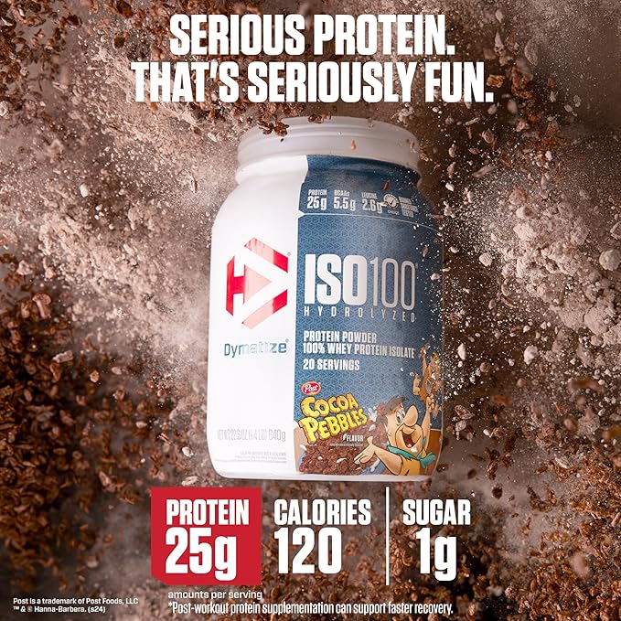 Dymatize x Cocoa Pebbles ISO100 Whey Protein Powder Isolate, 25g of Protein, 5.5g BCAAs, 120 Cal., Gluten Free, 1g Fat, 1g Sugar, 2g Carb (42 Servings)