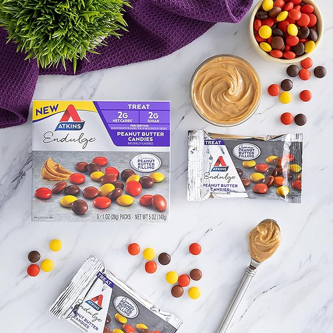 Atkins Endulge Treat, Peanut Butter Candies, 2g Net Carbs, 2g Sugar, Creamy Peanut Butter Filling, Low Carb, Low Sugar, 4 Packs (5 Count Each)